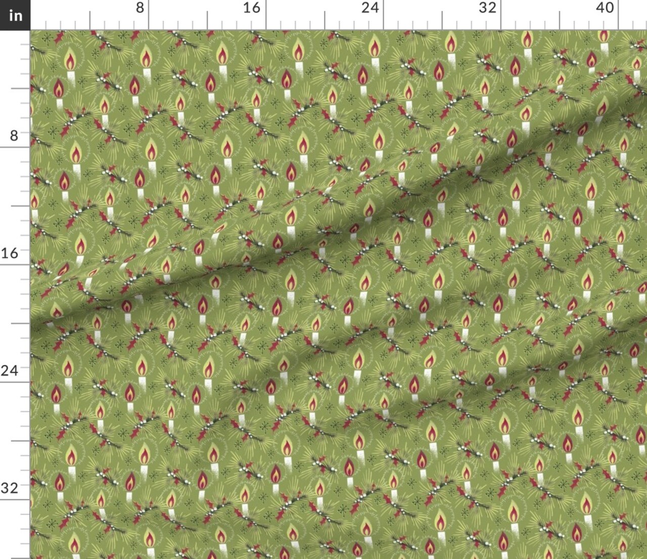 Olive Green Holly Stars Christmas Pine Candle Mistletoe Vintage Mid Century Custom Printed Fabric by Spoonflower Various Fabrics by the Yard or Fat Quarter